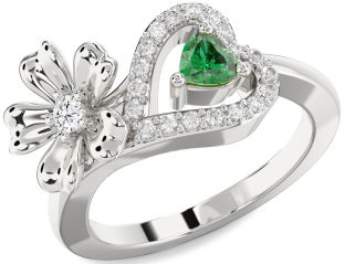Diamond Silver Flower Heart Two Stone Promise Ring