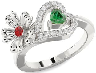 Diamond Emerald Platinum Flower Heart Two Stone Birthstone Ring