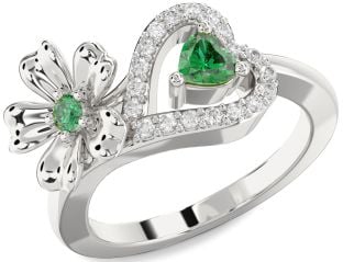 Diamond Emerald Platinum Flower Heart Two Stone Birthstone Ring
