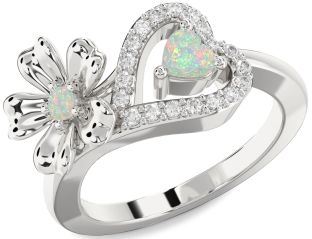 Diamond Emerald Silver Flower Heart Two Stone Birthstone Ring