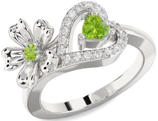 Diamond Emerald Platinum Flower Heart Two Stone Birthstone Ring