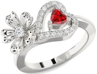 Diamond Silver Flower Heart Two Stone Promise Ring
