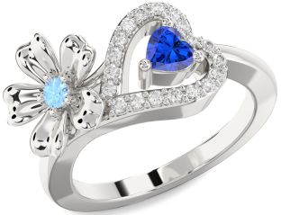 Diamond Silver Flower Heart Two Stone Promise Ring