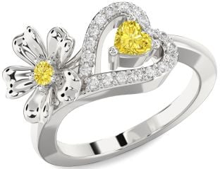 Yellow Diamond Platinum Flower Heart Two Stone Ring