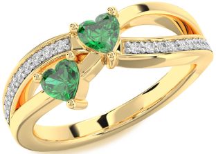 Diamond Emerald Gold Two Heart Birthstone Ring
