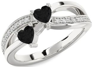 Black Diamond Silver Two Heart Ring