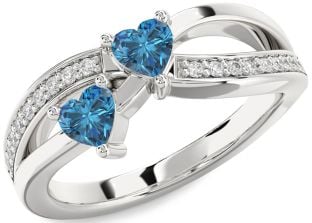Blue Diamond Silver Two Heart Ring