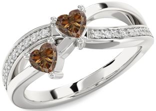 Chocolate Brown Diamond Silver Two Heart Ring
