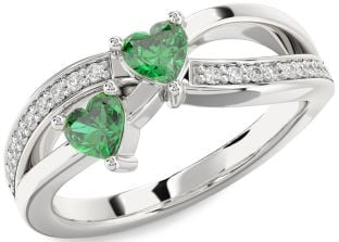 Diamond Emerald Platinum Two Heart Birthstone Ring