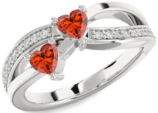Diamond Fire Opal Silver Two Heart Ring