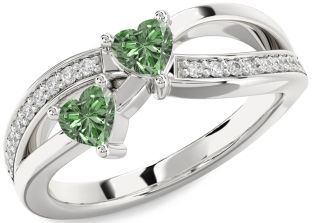 Green Diamond Silver Two Heart Ring