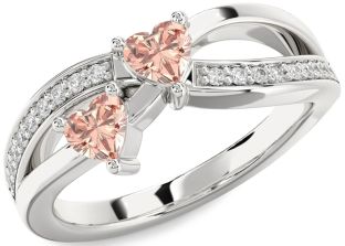 Diamond Morganite Silver Two Heart Ring