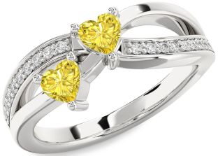 Yellow Diamond Silver Two Heart Ring