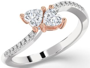 Diamond Silver & 10K Rose Gold Two Heart Ring