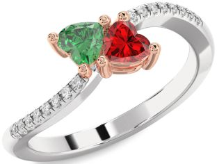 Diamond Emerald Silver & 10K Rose Gold Two Heart Birthstone Ring