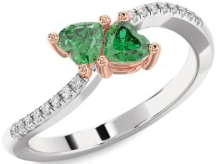 Diamond Emerald White Rose Gold Two Heart Birthstone Ring