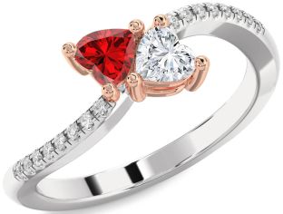 Diamond Emerald Platinum & Rose Gold Two Heart Birthstone Ring