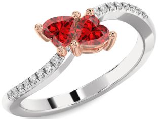 Diamond Emerald Platinum & Rose Gold Two Heart Birthstone Ring