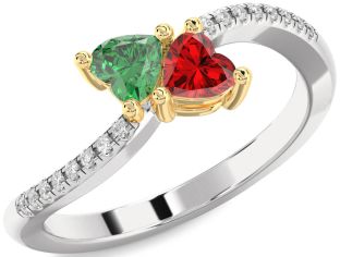 Diamond Emerald Silver & 10K gold Two Heart Birthstone Ring