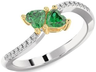 Diamond Emerald Silver & 10K gold Two Heart Birthstone Ring