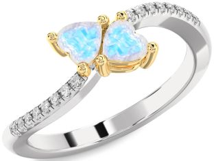 Diamond Moonstone Gold Silver Two Heart Ring