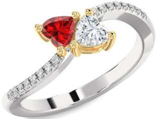 Diamond Emerald Platinum & Yellow Gold Two Heart Birthstone Ring