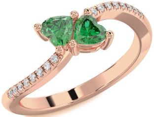 Diamond Emerald Rose Gold Two Heart Birthstone Ring