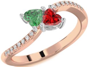 Diamond Emerald Platinum & Rose Gold Two Heart Birthstone Ring