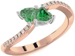 Diamond Emerald White Rose Gold Two Heart Birthstone Ring