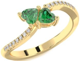 Diamond Emerald Gold Two Heart Birthstone Ring