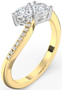 Diamond White Yellow Gold Two Heart Ring