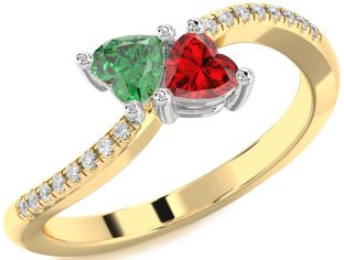 Diamond Emerald Platinum & Yellow Gold Two Heart Birthstone Ring