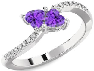 Diamond Emerald Silver Two Heart Birthstone Ring