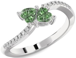 Green Diamond Silver Two Heart Ring