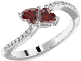 Diamond Emerald Silver Two Heart Birthstone Ring