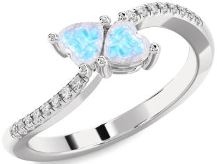 Diamond Emerald Silver Two Heart Birthstone Ring