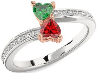 Diamond Emerald Silver & 10K Rose Gold Two Heart Birthstone Ring