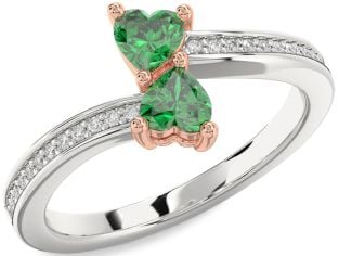 Diamond Emerald White Rose Gold Two Heart Birthstone Ring