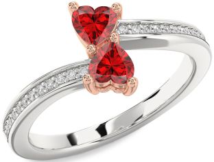 Diamond Emerald Silver & 10K Rose Gold Two Heart Birthstone Ring