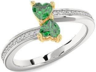 Diamond Emerald Silver & 10K gold Two Heart Birthstone Ring