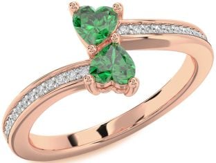 Diamond Emerald Rose Gold Two Heart Birthstone Ring