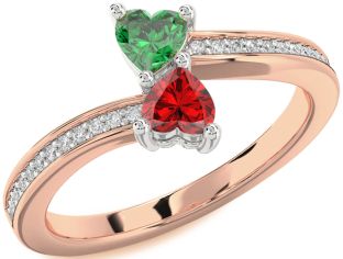 Diamond Emerald Platinum & Rose Gold Two Heart Birthstone Ring