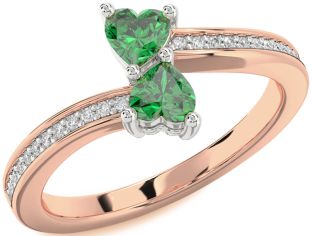 Diamond Emerald Platinum & Rose Gold Two Heart Birthstone Ring