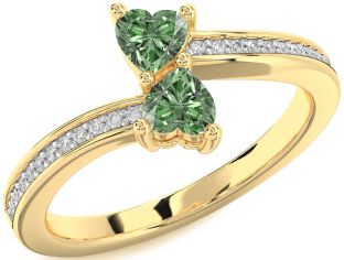 Green Diamond Gold Silver Two Heart Ring