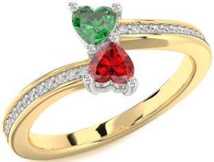 Diamond Emerald Platinum & Yellow Gold Two Heart Birthstone Ring