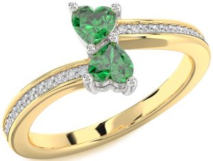 Diamond Emerald Platinum & Yellow Gold Two Heart Birthstone Ring
