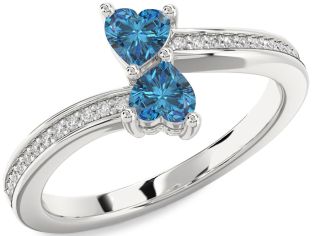 Blue Diamond Silver Two Heart Ring