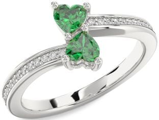 Diamond Emerald Silver Two Heart Birthstone Ring