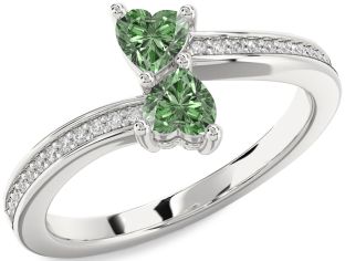 Green Diamond Silver Two Heart Ring