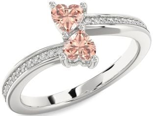 Diamond Morganite Silver Two Heart Ring
